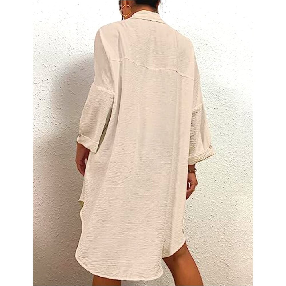 Beach Cover Up Blouse Button-down Shirt Apricot Beige Flowy Resort - Picture 5 of 5